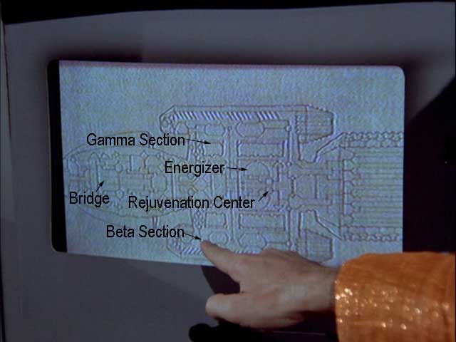 A wide top schematic of Galactica, as labeled by Apollo and the fireleader (TOS: "Fire in Space")