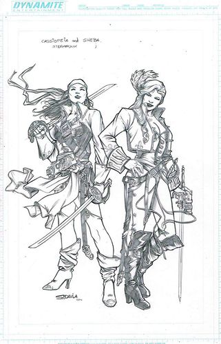 Concept art for Cassiopeia and Sheba in pencil.