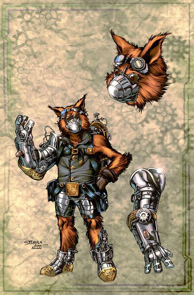 Muffit concept art in pencil by Sergio Fernandez Davila and inked by Ivan Nune for Steampunk Battlestar Galactica 1880.