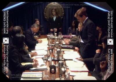 President Laura Roslin meets with the Quorum of Twelve of the Second Exodus (TRS: "The Ties That Bind").