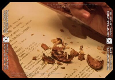 William Adama reads Mueller's file while reviewing CAG candidates. Mueller is noted as entering active duty at "Tulu, Aerilon" (which is repeated twice), then near the broken shells of walnuts, are the words "Aerilon Homebase" (TRS: "Home, Part I").