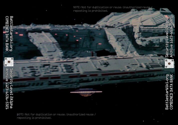 The anti-gravity ship exits Galactica, revealing the scale of the ship (1980: "Space Croppers").