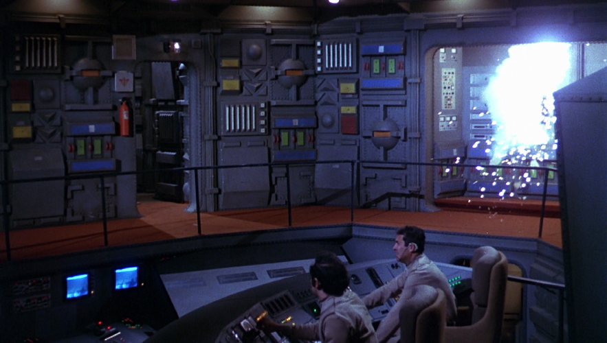 A fire erupts in the alcove of Core Command (TOS: "Saga of a Star World").