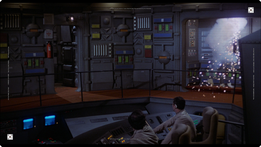 A fire erupts in the alcove of Core Command (TOS: "Saga of a Star World").