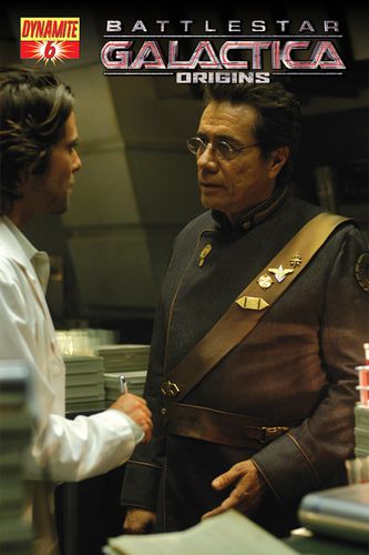 Photo cover featuring Gaius Baltar and William Adama.