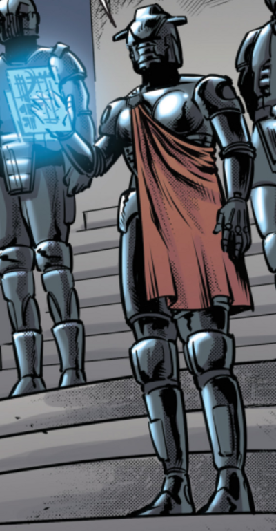 Thane Jennad reads off the Fleet's transgressions before Commander Adama and the Comitat ((Comics: Battlestar Galactica Classic #4)).