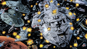 The remaining humans engage in a fierce defensive battle for their very survival, following their interdiction by the newest Cylon war machine, the super basestar (Battlestar Galactica: Death of Apollo #6).