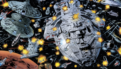 A fierce battle forcing the Colonials into a desperate offensive following the ambush by the Super Basestar ((Comics: Battlestar Galactica: Death of Apollo #6)).