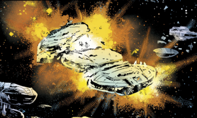 Centara, the first ship destroyed during the Ambush by the Super Basestar (Battlestar Galactica: Death of Apollo #5).
