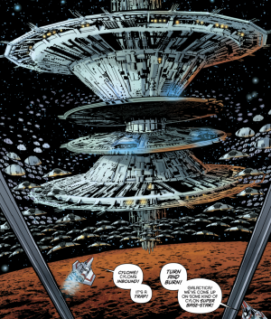 Major Apollo's recon squadron encounters a new super basestar in orbit around the planet falsely believed to be Earth (Battlestar Galactica: Death of Apollo #2).