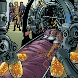 Captains Athena and Starbuck, along with Sephoni, pass the defenses of the Cylons' super basestar to recover Major Apollo (Battlestar Galactica: Death of Apollo #4).