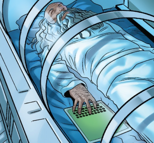 Xam with his touch pad, through which he communicates from his altered, near-vegetative state (Battlestar Galactica: Death of Apollo #2).