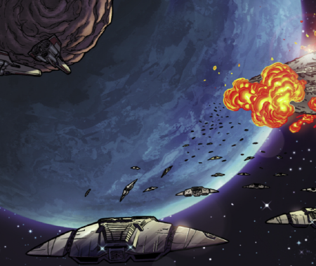 Summary The infidel basestar is battered above the planet Burania, observed by Captain and Lieutenant .