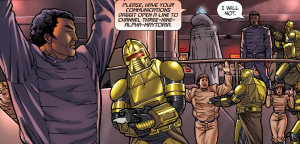 The Maytorian IL leads a platoon of Command Centurions into Galactica's core command (Classic Battlestar Galactica Vol. 1 #5).