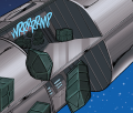 Starbuck's opens a cargo hatch, allowing untethered cargo containers to fall into the flight path of the pursuing Cylon Raider (Classic Battlestar Galactica Vol. 1 #4).