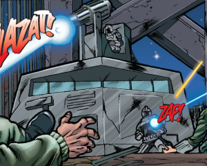 During a fierce offense by the Maytorians, Cylon tanks open fire on their opponents during a perilous bridge crossing (Classic Battlestar Galactica Vol. 1 #3).