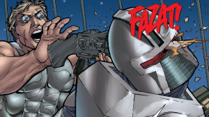 During a fierce offense by the Maytorians, Freg uses a stolen Cylon laser rifle's bayonet against a Centurion's head (Classic Battlestar Galactica Vol. 1 #3).