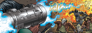 During a fierce battle on Maytoria, Stadra Ah Mun fires her energy bazooka towards an onslaught of Centurions behind Boomer and Starbuck (Classic Battlestar Galactica Vol. 1 #2).