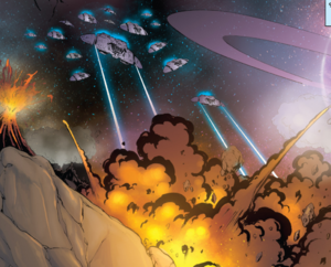 Cylon Raiders launch a second wave against the Colonial Resistance base on Cache (Classic Battlestar Galactica Vol. 2 #5).