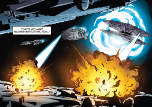 The Colonial Resistance from an alternate reality save Galactica from certain destruction (Classic Battlestar Galactica Vol. 2 #5).