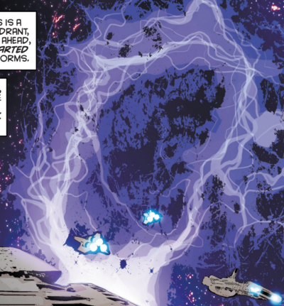 The storm zone as seen from the outside perspective from the Fleet ((Comics: Classic Battlestar Galactica Vol. 2 #6)).