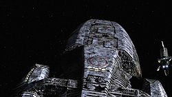 A look at Galactica after the battle. Note she is missing one of her main guns.