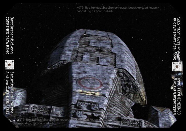 Galactica after the battle, missing a gun turret.