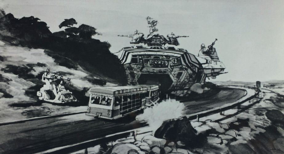 A black and white artistic depiction of the tram entering the gaping maw of the landed "Cylon battle cruiser" from the street, and the Cylon tanker "shooting" a rock. Artwork by Gary Meyers.[3]