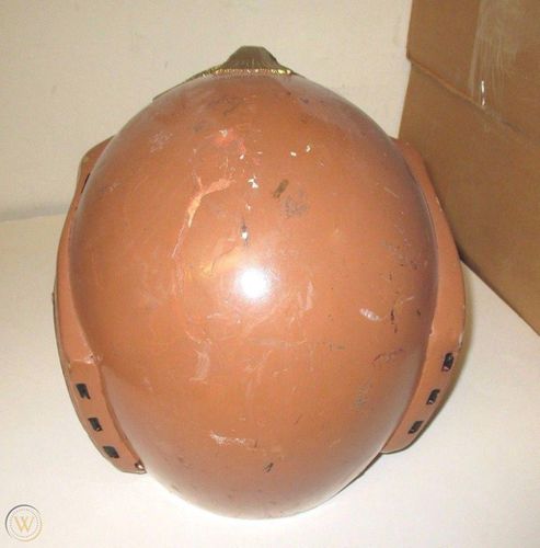 A D Squadron helmet from Galactica 1980, which was repurposed for the attraction. It is identified as "Helmet #6". Top view.