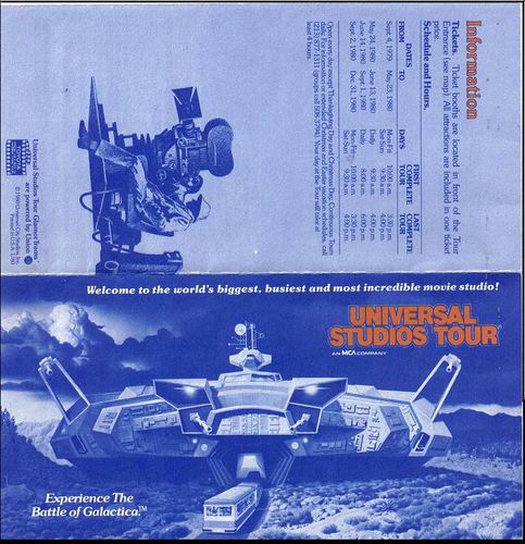 Guide pamphlet and map of the Universal Studios Tour, featuring the cover promoting Battle of Galactica.