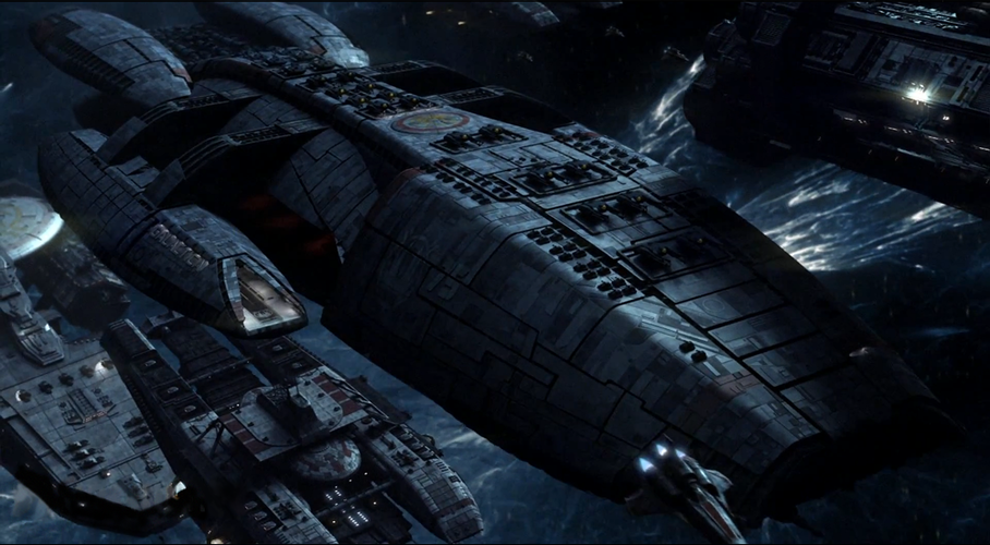 The "Demeter" type can be seen above and below Galactica, with a Loki type in the background.