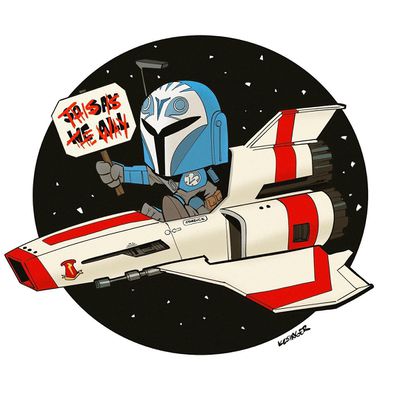 Noted artist Brian Kesinger's "The Way for All" artistically comments, in a Bill Watterson-esque style on Katee Sackhoff's jump from the re-imagined Battlestar Galactica to the Star Wars universe. Particularly following her live-action portrayal of Bo-Katan Kryze in The Mandalorian.