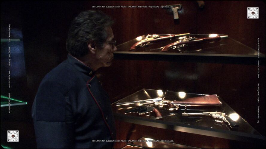 Revolvers, flintlocks, and semiautomatics in Admiral Helena Cain's collection (TRS: "Pegasus").    