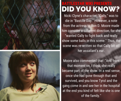 Ronald D. Moore recollects a note from Nicki Clyne (Cally) that shaped the trajectory of her character, ultimately saving Cally from being killed in "Bastille Day."