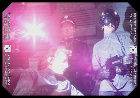 Enforcers from the Eastern Alliance firing on the Prison Barge's communications console (TOS: "Baltar's Escape").