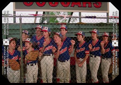 The Encino Cougars heckling their opponents, the Polecats, from their dugout (1980: "Spaceball").