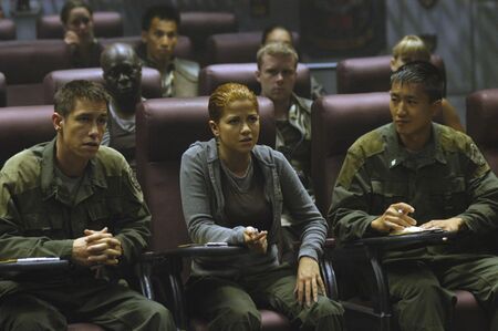 A trio of "nuggets" -- Brendan Constanza, Louanne Katraine, and Donald Perry -- in Galactica's pilot's ready room.