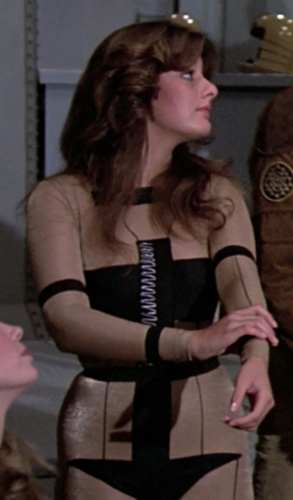 Black wires and black sections of the pressure suit. Note the silver detail running on the wearer's mid-right of the sternum plate.