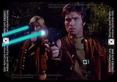 Dillon and Troy making use of the large, old-school laser pistols to stun two hunters (1980: "The Super Scouts, Part I").