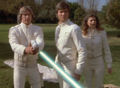 Dillon fires his laser at trees in Nazi Germany (1980: "Galactica Discovers Earth, Part I").