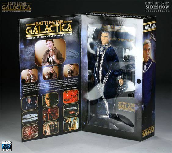 Photo of the Adama figure 4-color box packaging with window and cover flap, displayed open.