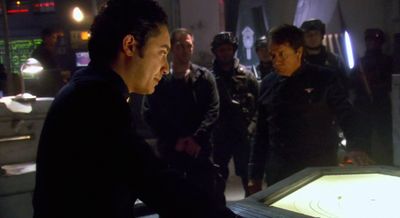 Felix Gaeta and William Adama square off during Gaeta's mutiny following the discovery of Earth.