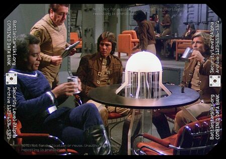 From left to right: Tigh, an unnamed barkeep, Apollo, and Starbuck in the Officer's Club on Galactica (TOS: "Baltar's…