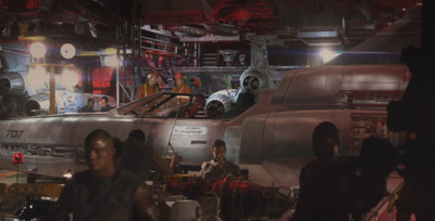 Hangar deck of battlestar Osiris from the First Cylon War (Battlestar Galactica: Blood and Chrome).