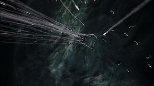 Galactica provides cover fire while the civilian Fleet escapes