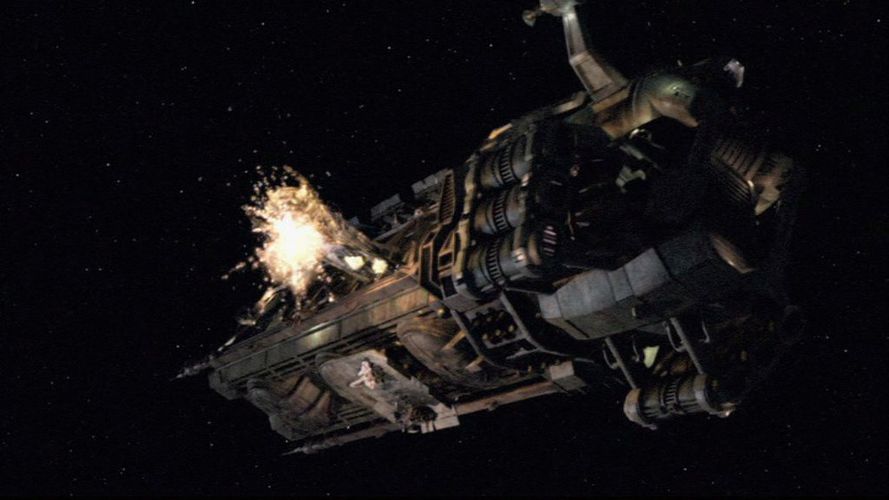 A docked Heavy Raider explodes