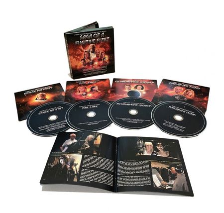 The physical media release for Saga of a Fugitive Fleet, featuring four compact discs along with their individual cases, as…