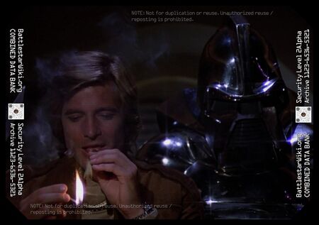 Starbuck using a nearby Centurion to strike a match (TOS: "Lost Planet of the Gods, Part II").