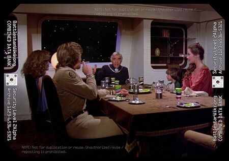 Commander Adama and various family (and crew) members enjoy Serina's meal, while waiting on Apollo to announce his…