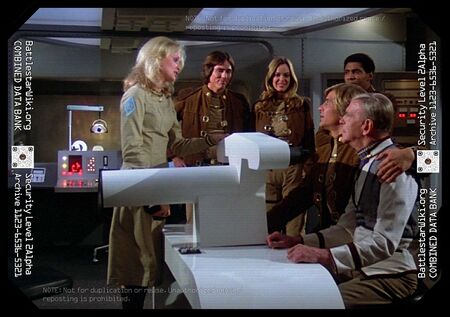 Starbuck and Chameleon undergo various tests in Galactica's Life Station laboratories (TOS: "The Man with Nine Lives").